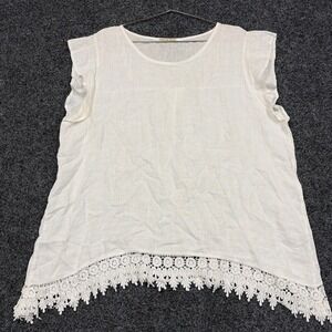 Terzo Millennio Top Womens 2X White Linen Crochet Hem Made in Italy Lagenlook